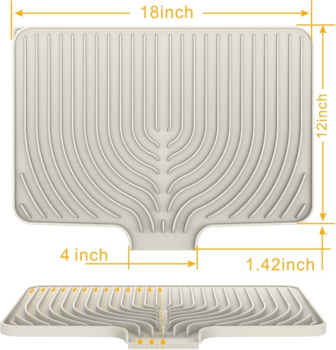 Dish Drying Mat for Kitchen Counter, 18"x12" Dish Drying Rack(cream) | Various Sizes & Colors,Steep-Slope Built in Drain,High-fin Ventilation,Food-grade Silicone,500F heat resistant,for Flat sinks