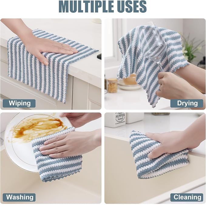 Homaxy 18 Pack Kitchen Dish Cloths, Ultra Soft and Absorbent Dish Towels, Reusable Fast Drying Microfiber Cleaning Cloth, Coral Velvet Wave Design No-lint, 10 x 10 inches, Dusty Blue