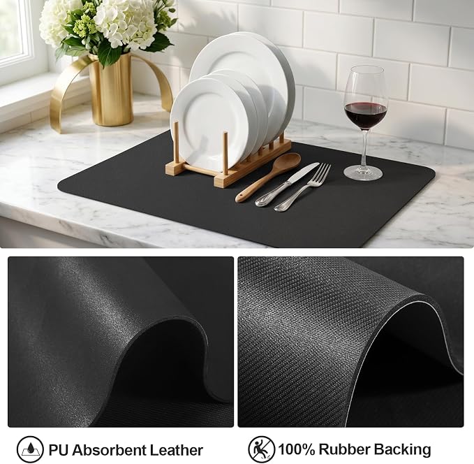 Ecotrim - Dish Drying Mat for Kitchen Counter | Coffee Bar Mat for Countertops | Heat Resistant Drainer Mat with Non-slip Rubber Backed | Hide Stain Kitchen Absorbent Draining Mat | Black 18"x32"