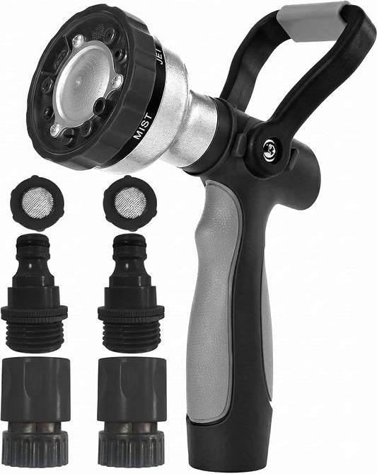 GREEN MOUNT Garden Hose Nozzle with Quick Connect Set - Zinc Alloy High Pressure Sprayer, Fireman Style Handle for Car Wash & Plant Watering，Black-grey