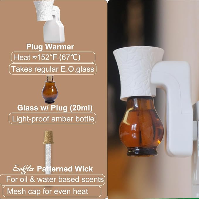 Plug in Oil Diffuser, 1 Set Blank for DIY Air Freshener Make Unique Home Scent Aromatherapy, Work with Essential Oil, EO+Water, Fragrance Refill for Plugins (White Warmer + Glass + Wick)