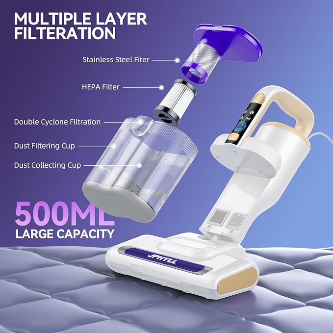 Mattress Vacuum Cleaner, 20Kpa Suction Bed Vacuum Cleaner with 253.7nm UV-C Light, 140°F Heated Air, 30000 RPM Brushroll, 40,000Hz Ultrasonic, HEPA Filter, for Bed, Sofa, 500W Corded (White)
