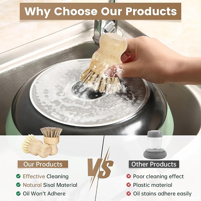 DEBETOOL 2-Pack Bamboo Dish Brush – Natural Dish Scrub Brush with Sisal & Palm Bristles for Non-Stick Pans, Pots, Vegetables, and Kitchen Cleaning