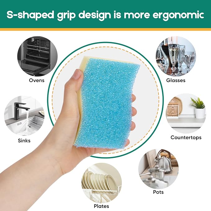 LAUNDRYLUX Scrub Sponge, 8 Pack Dual-Sided Temperature-Responsive Scrubber - Non-Scratch - Multipurpose Dish Sponges for Kitchens, Bathrooms, and Outdoor Use - S Shape