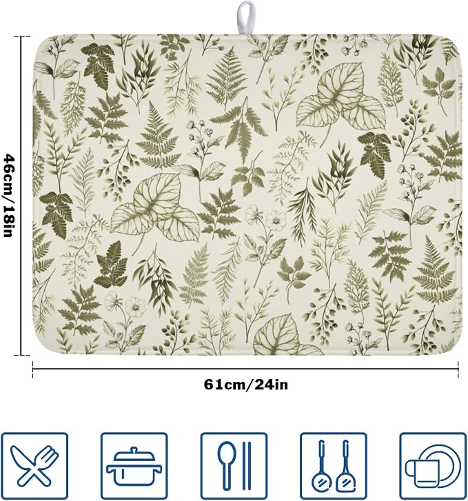 Vintage Botanical Floral Dish Drying Mat for Kitchen Counter Sage Green Herbs Fern Leaves Plant Microfiber Dish Drainer Mat Absorbent Washable Drying Pad Extra Large 18"x24"