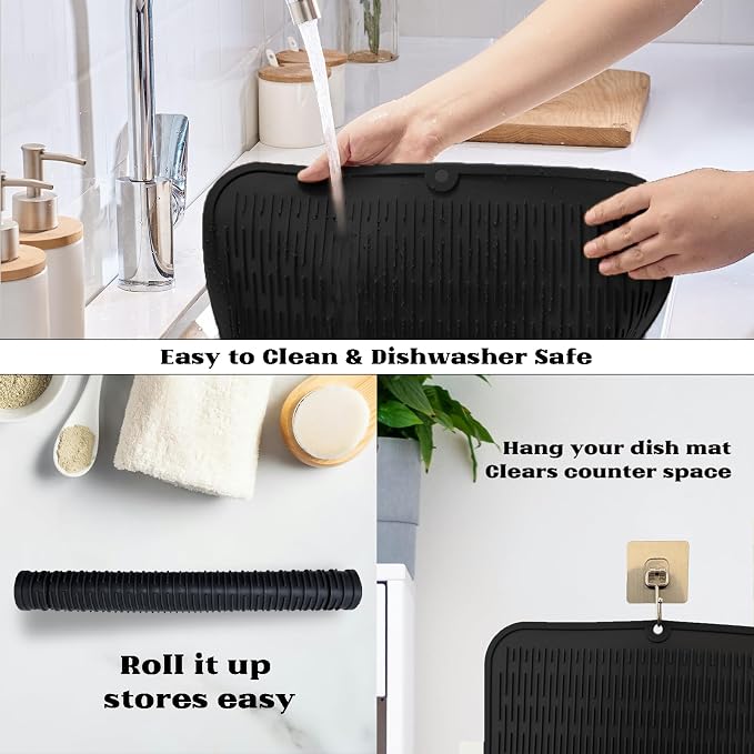 ZLR Heavy-Duty Silicone Dish Drying Mat (16" x 18" / 401 x 455mm) - XL Family-Size Thick 4mm Drainboard for Pots, Pans & Heavy Cookware - Oversized Trivet & Counter Protector, Non-Slip (Black)