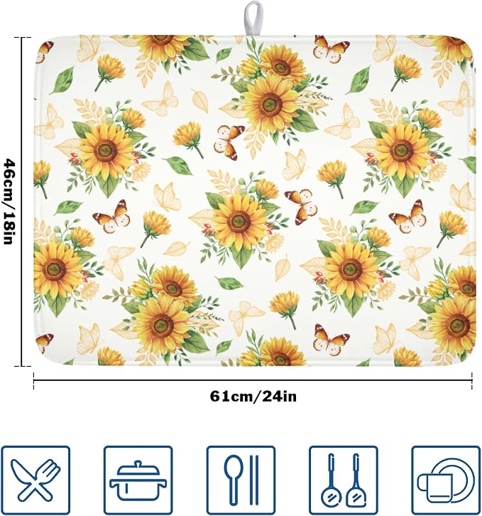 Sunflower Dish Drying Mat for Kitchen Counter Summer Yellow Floral Microfiber Dish Drainer Mat Rustic Farmhouse Absorbent Washable Drying Pad Extra Large 18"x24"