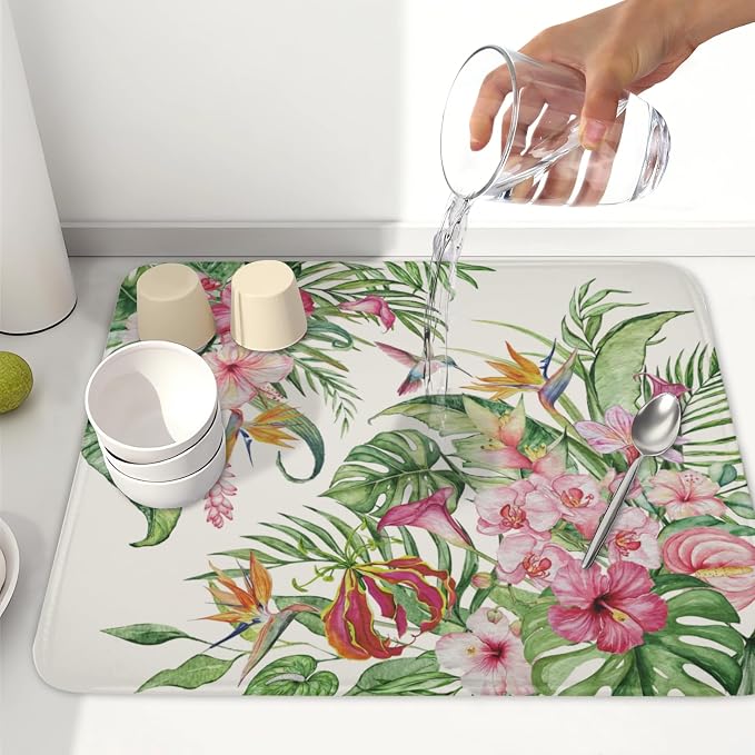Floral Hibiscus Dish Drying Mat for Kitchen Counter 16x18 Inch | Floral，Polyester，Absorbent Microfiber，for Coffee Dining Bar Decor