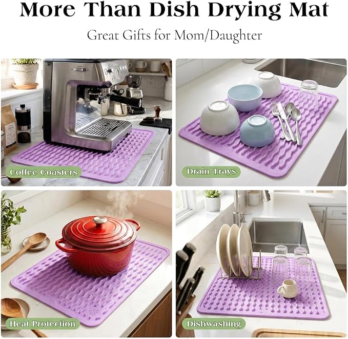 CAKETIME 2 Pack Multicolor Silicone Dish Drying Mat for Kitchen Counter Waterproof Place mats Sink Protector Stove Top Organizer Appliance Vanity Trays Dryer Rack Drainers Items 15"x11.5" Purple