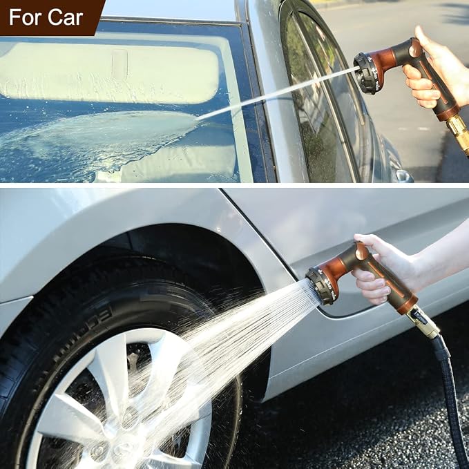 FANHAO Heavy Duty Garden Hose Nozzle, Metal Hose Sprayer Easy Thumb Control | 8 Spray Patterns, Rustproof Water Nozzle, Non-Slip Ergonomic Grip, Elder & Child Friendly for Garden, Car & Pet, Brown