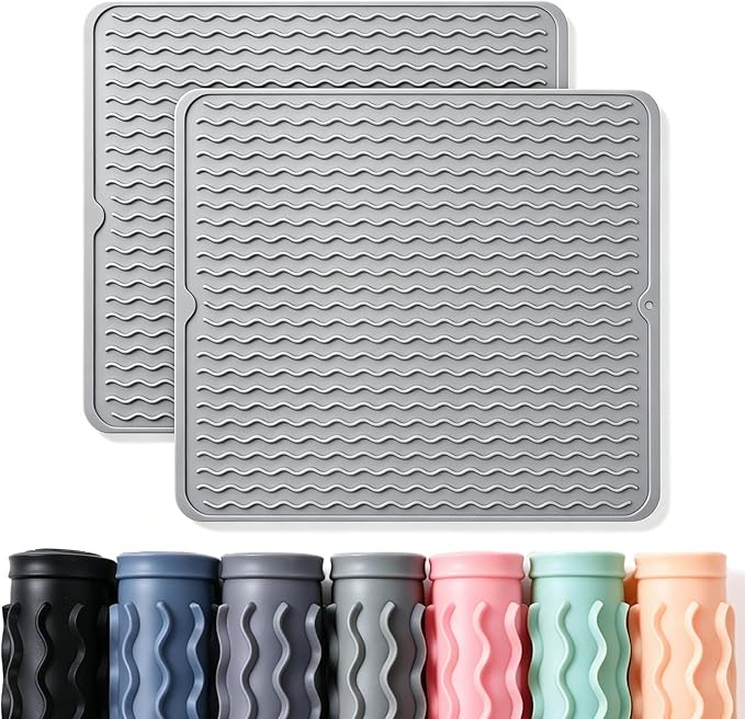 2 Pack Caketime Silicone Dish Drying Mat for Kitchen Counter Heat Resistant Pads Hot Dishes Waterproof with Under Sink Soap Holder Coffee Bar Accessories Women Gifts Extra Large 18"x16" Light Gray