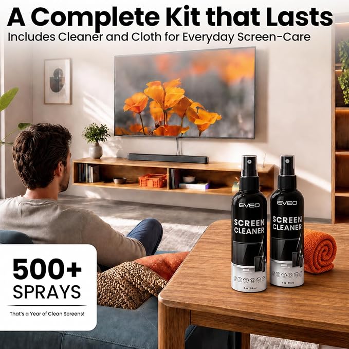 Screen Cleaner Spray - TV Screen Cleaner Spray and Microfiber Cloth kit, Computer Screen Cleaner & Car Screen Cleaner for TV, Monitor, Laptop, MacBook, iPad, iPhone and Electronic Devices - 2 Pack
