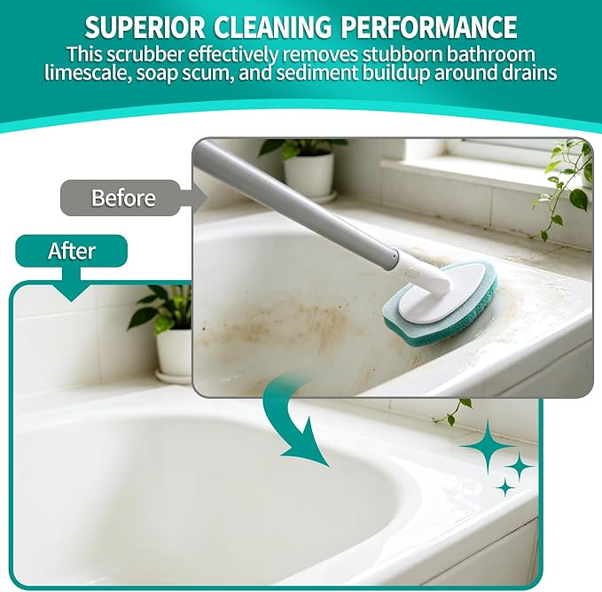 Creatyi Professional Shower Scrubber with Long Handle, Shower Cleaner Brush, Shower and tub Scrubber with 10 PCS Non-Scratch Scouring Pads for Bathroom Shower and tub