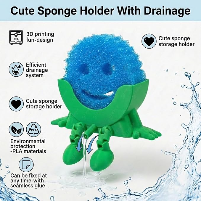 Creative Drainage Sponge Holder: Traceless Glue, 3D Printed Funny Kitchen Sink Holder, Keeps Sponge Dry – for Scrub Daddy (1, Green)