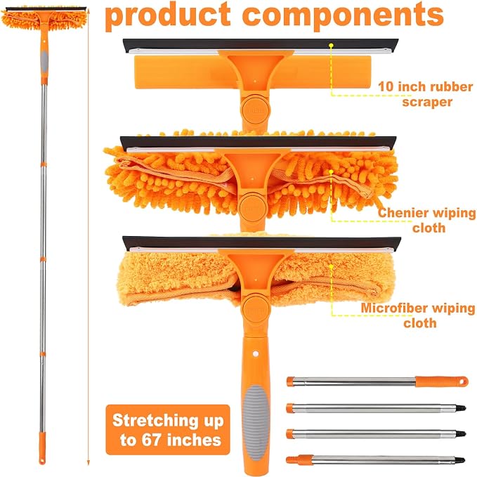 67" Window Squeegee for Window Cleaning with Extension Pole, 3-in-1 | Rotatable Lock Design,Stainless, Professional Window Cleaner Tool Kit for Indoor Outdoor High Windows,Car Glass,Shower Doors