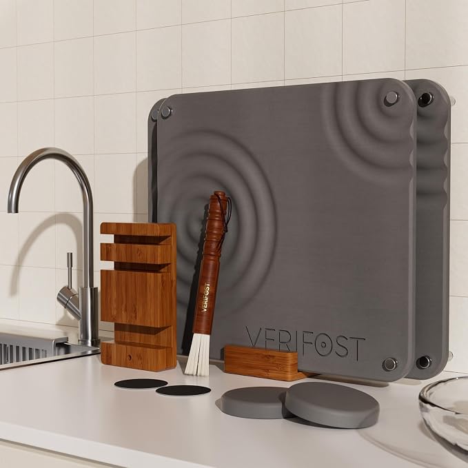 VERIFOST 2 Pcs Large Gray Stone Dish Drying Mat with Acacia Wood Holder Stand for 1 Inch Cutting Board and Fast Stone Drying Mat for Kitchen Counter with Non-slip Feet