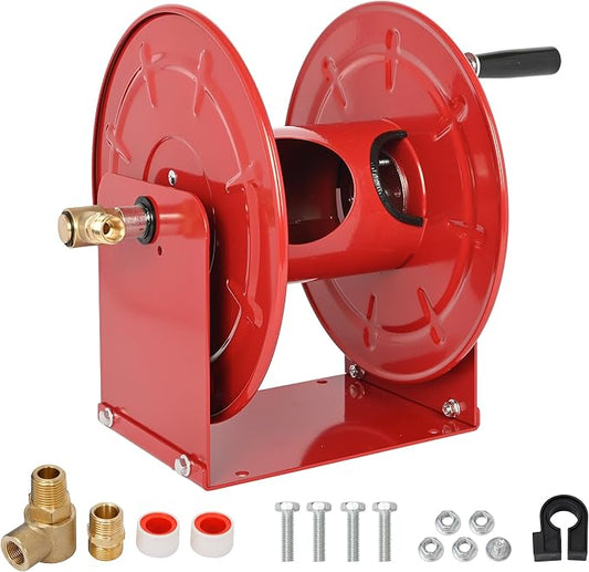 lesolar Pressure Washer Hose Reel100FTx3/8'' / 200FTx1/4'' | Retractable Hand Crank Power Washer Hose Reel,Wall/Floor Mounted Heavy Duty Hose Reel for Water,Red