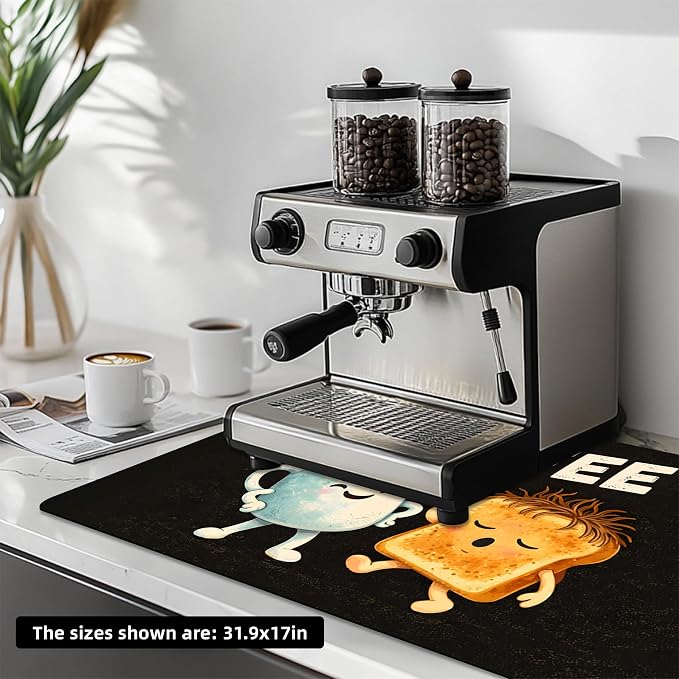 Dish Drying Mat Large Coffee Mat Absorbent Drying Mat for Kitchen Counter Coffee Bar Accessories 32"x 17", Coffee and Bread 2