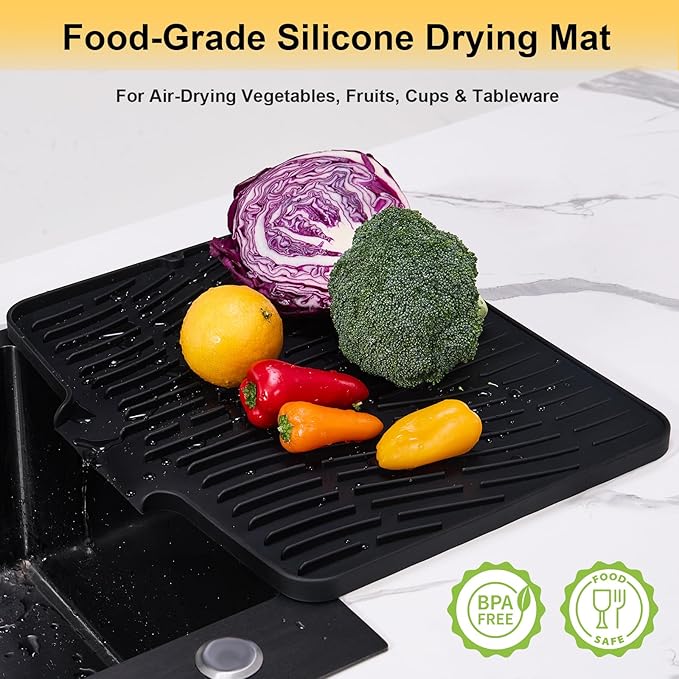 Silicone Dish Drying Mat for Kitchen Counter,Non-Slip Dish Drying Pad with Drain Lip,Heat Resistant Sink drying Mat for Dishes,Large Rubber dish drain mat dish rack mat (Black,15.8"x13")