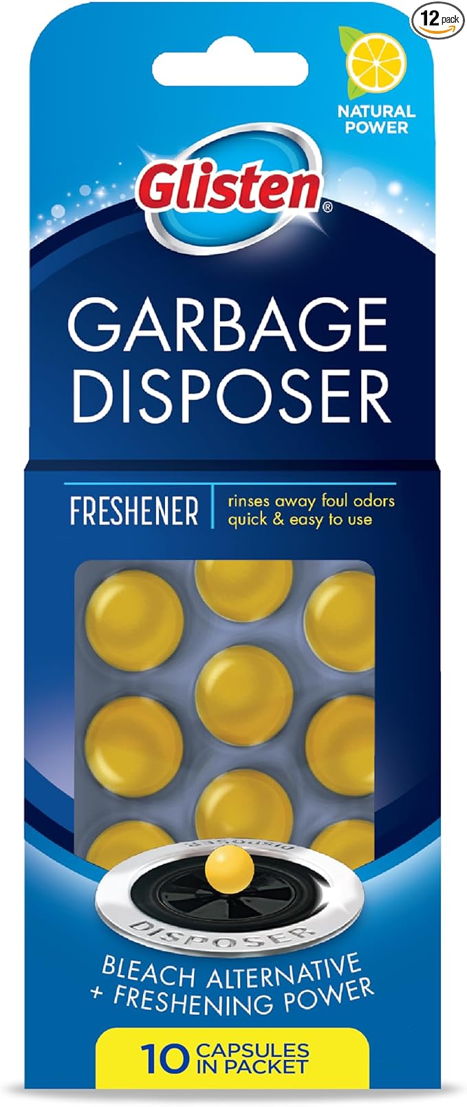 Glisten Garbage Disposer Freshener, Sink Disposal Odor Eliminator, Quick and Easy-to-Use, Lemon Scent, 10 Capsules (Pack of 12)
