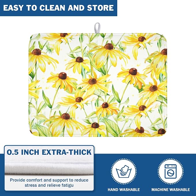 Yellow Sunflower Dish Drying Mat for Kitchen Counter 18x24 Inch | Floral，Polyester，Absorbent Microfiber，for Coffee Dining Bar Decor