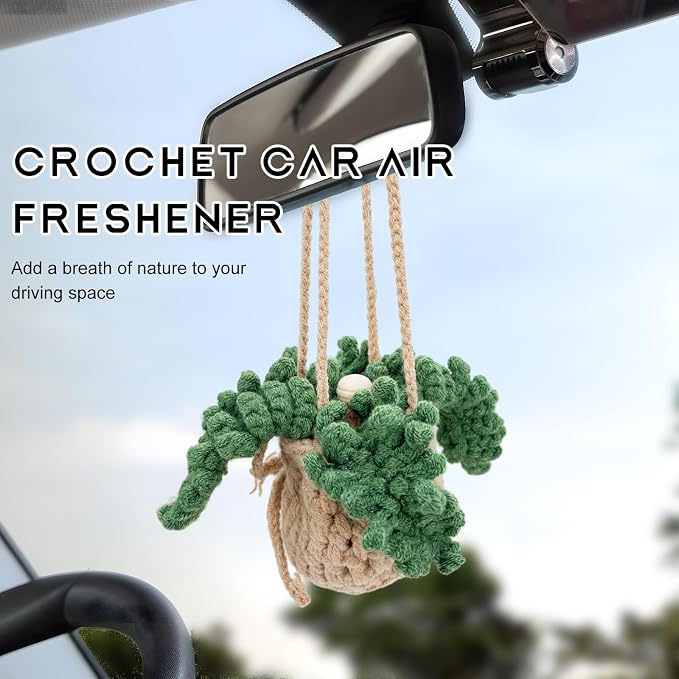 2 PCS Crochet Car Air Freshener, 12ml Empty Car Diffuser Bottle with Crochet Hanging Plant Basket, Hanging Fragrance Oil Diffuser for Car Interior Decor, Car Accessories