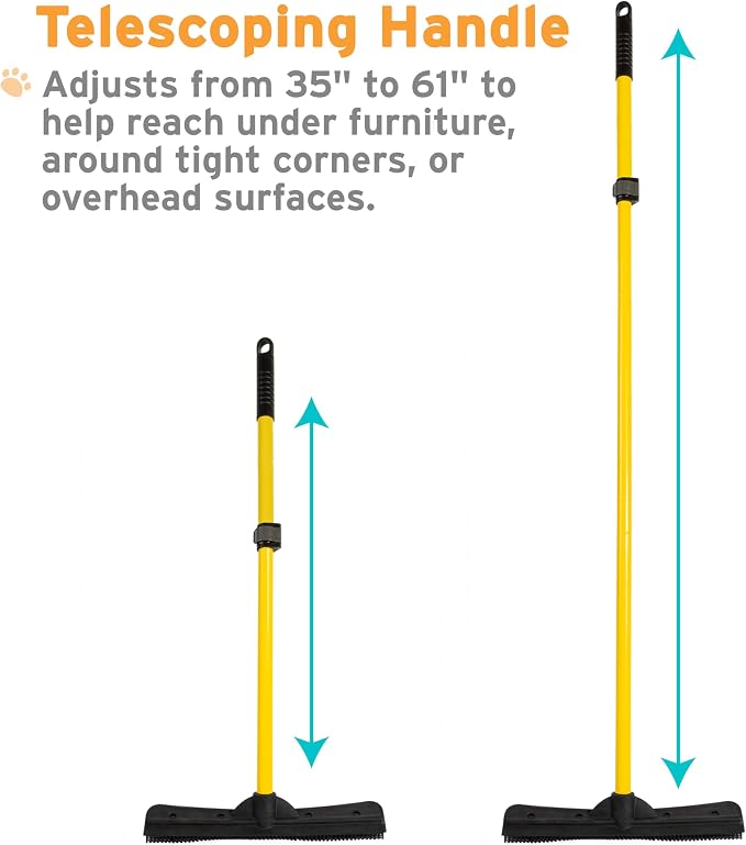 FURemover Pet Hair Removal Rubber Broom, 61" Telescopic Handle | Multi-Surface Rubber Broom with Built in Squeegee Edge, Sweeps up Fur, Hair, and Debris on Tile, Wood, Vinyl, and Carpet