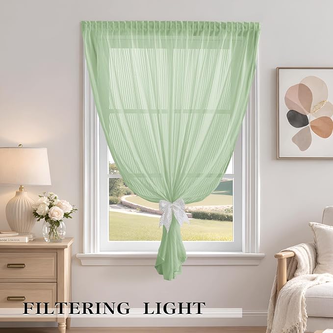 JILRON Self Adhesive Sheer Window Curtains Light Filtering Privacy Screen No Drilling for Rental Temporary Use-Sage Green(W 39*L 84in)