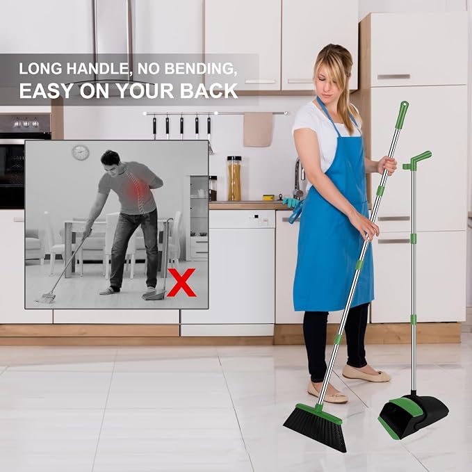 Green Broom and Dustpan Combo Set, 51" Long Handle Broom | Pet Hair & Debris Cleaning, Built-in Comb Dustpan, Space-Saving Upright Storage, Multi-Surface Use for Home, Kitchen & Office