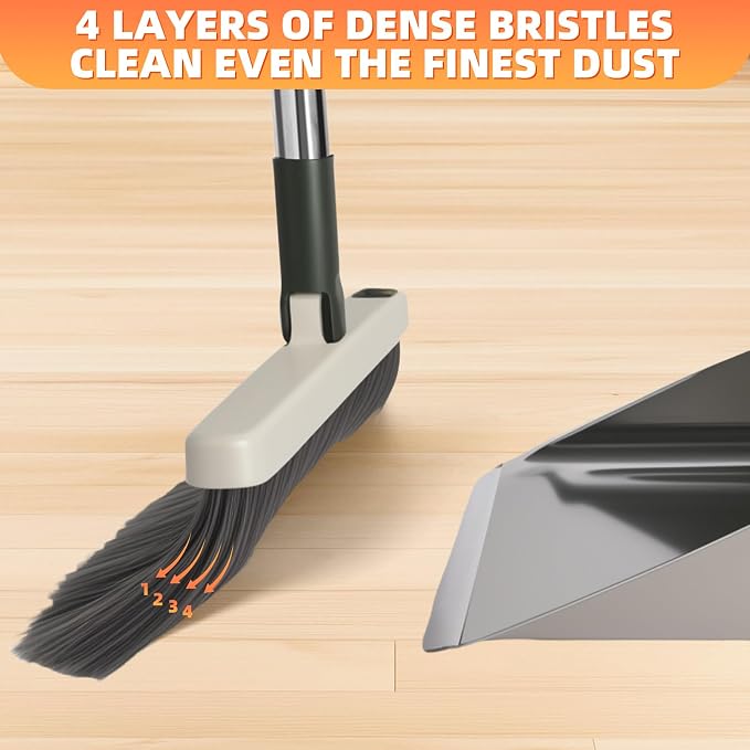 Broom with Dustpan Combo Set, Lightweight Standing Metal Dust Pan with Teeth, Home Essentials Suitable for Home Kitchen Lobby Room Office, Green