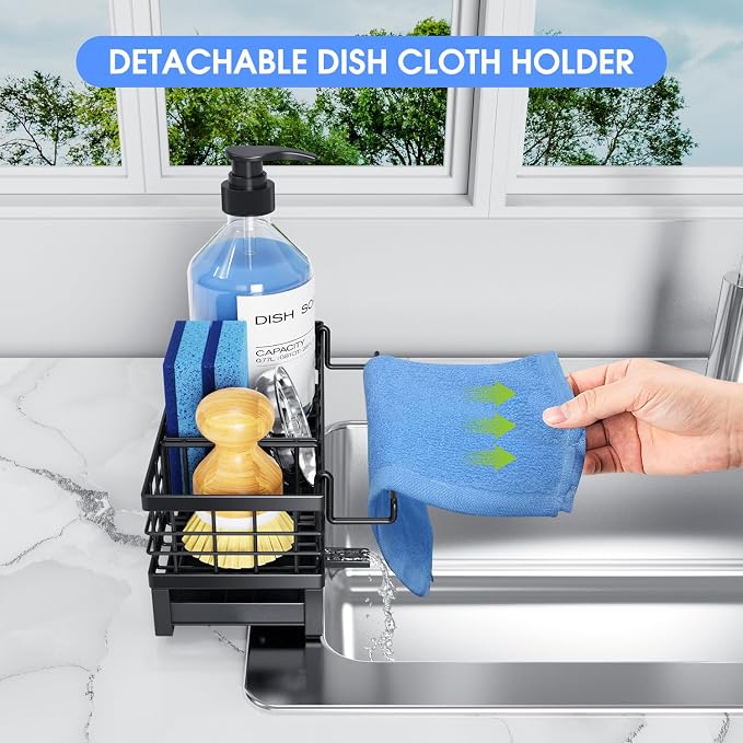 Kitchen Sink Sponge Holder, Rustproof Non-Slip Self-Draining Metal Sink Caddy with Detachable Dish Cloth Holder (Black)