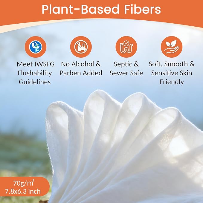 WONDERFUL Flushable Butt Wipes, Lemon Citrus 100% Plant-Based Wet Wipes for Adults & Kids; Sewer, Septic Safe; Gentle for Sensitive Skin, Wipes Flushable Pack for Bathroom & Travel, 1-Pack (60 Count)