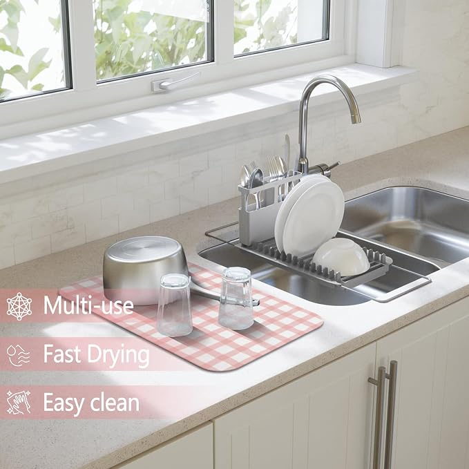 Dish Drying Mat 2-Pack in Rose Floral for Kitchen Counter Dishes Mat | Diatom Mud Mats (18x24, 19.5x12"). Non-slip rubber back for kitchen counter, coffee bar & sink scenes