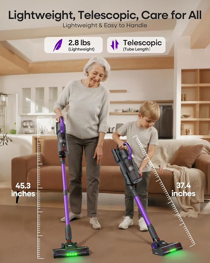 AlloyMove Cordless Vacuum Cleaner 45KPA, Up to 60mins Runtime Lightweight Powerful Suction Vacuum Cleaners for Home, 3 Suction Modes, Rechargeable Stick Vacuum for All Floor/Carpet/Pet Hair/Car, A03