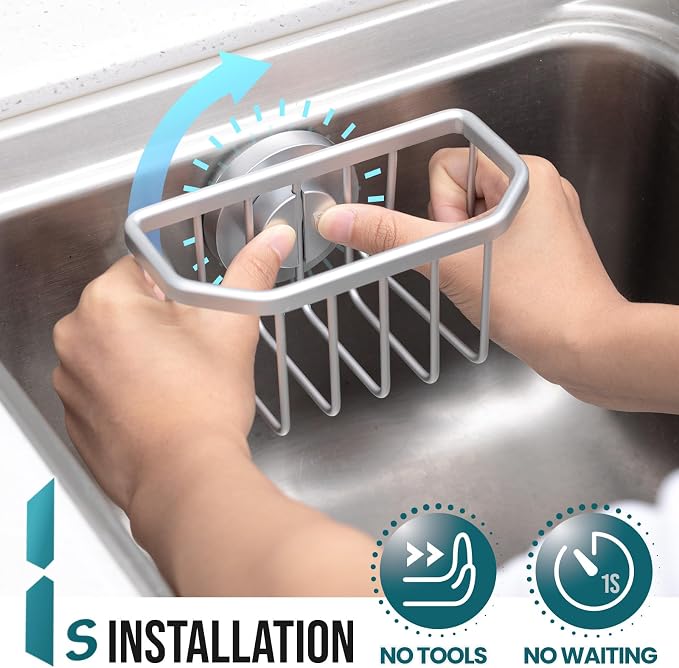 TAILI Sponge Holder for Kitchen Sink with Strong Suction Cup, Rustproof Aluminum Sink Caddy for Sponges, Brushes, Stoppers & Scrapers, Silver
