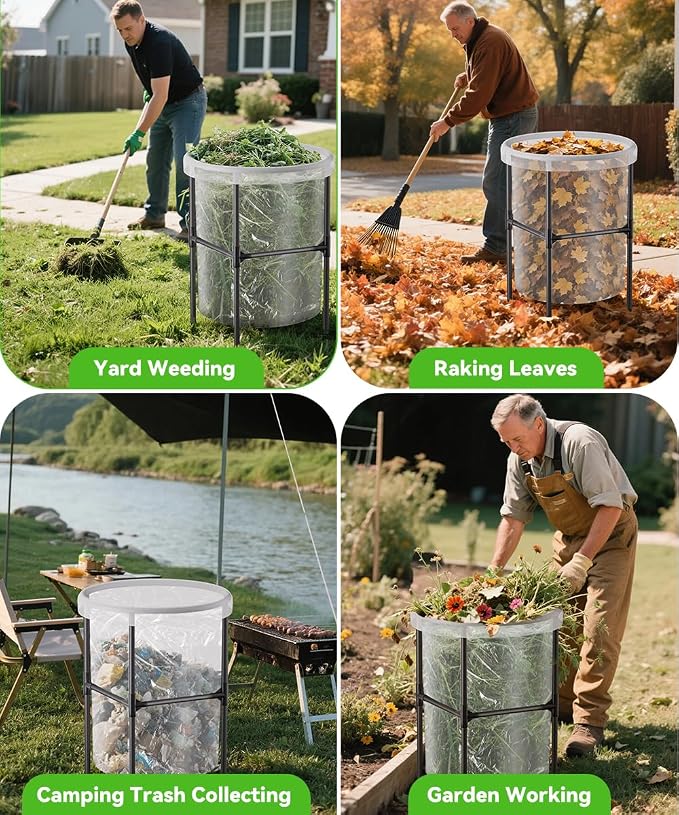Garden Trash Bag Holder, 30-55 Gallon Outdoor Leaf Bag Holder, L | Lawn Yard Waste Bag Stand Metal Frame Holders with Adjustable Feet, Detachable Legs for Leaves, Yard Waste, Camping (L)