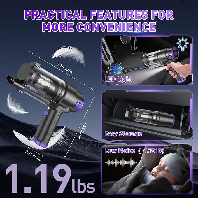 KMM Handheld Car Vacuum Cleaner, 16000PA Hand Held Vacuum & Air Duster | Strong Suction, Portable, Cordless, 120W High Power Rechargeable, Multi-Nozzles & LED Liht, for Home, Car, Office