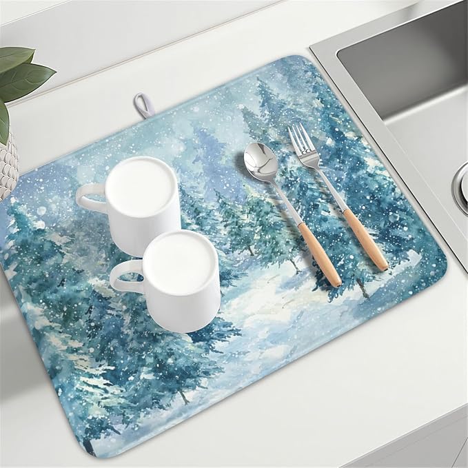 Winter Forest Dish Drying Mat for Kitchen Counter 18x24 Inch | Blue Christmas Pine Trees Snow Scene Dish Drainer Mat Rustic Seasonal Holiday Absorbent Washable Drying Pad