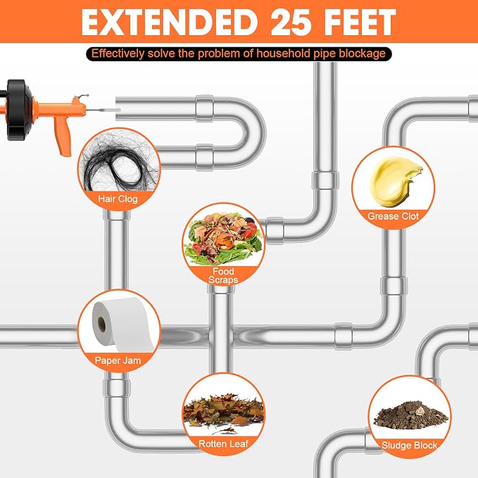 Drain Snake, Auto Feed Plumbing Snake with Drill Attachment, 25 Feet Flexible Drain Auger Tool Set Included Drain Clog Remover, Hair Clog Remover ＆ Cleaning Brush | for Kitchen, Bathroom and Shower Sink with Gloves