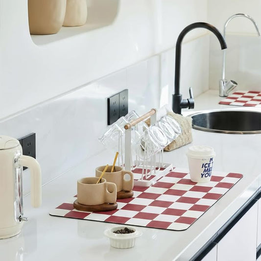 Ohocut Red Checkered Dish Drying Mat for Kitchen Counter, Coffee Bar Station Accessories, Retro Cute Aesthetic Modern Absorbent Drainer Mat Kitchen Drying Mat Easy Clean 19" x 12"