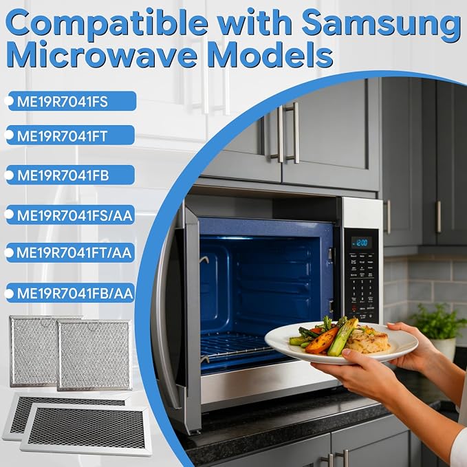 4PCS Microwave Charcoal Filter and Grease Filter Set Compatible with Samsung ME19R7041FS ME19R7041FS/AA ME19R7041FT ME19R7041FT/AA ME19R7041FB ME19R7041FB/AA