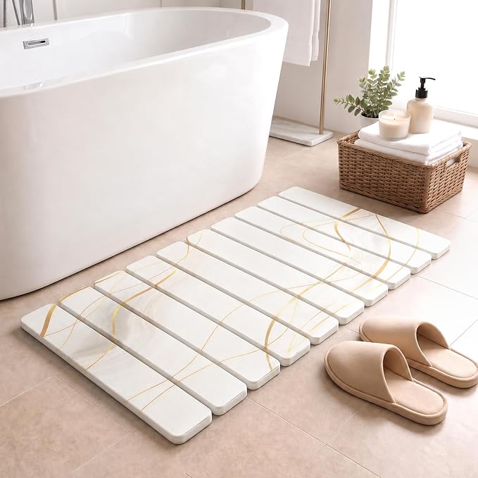 Large Stone Drying Mat for Kitchen Counter&Bathroom, Quick Dry Stone Dishes/Bathroom Mat, Foldable Drying Organizer Pad Suitable for Plate Rack Utensils, Apartment Essentials Decor(White Gold 24"×16")