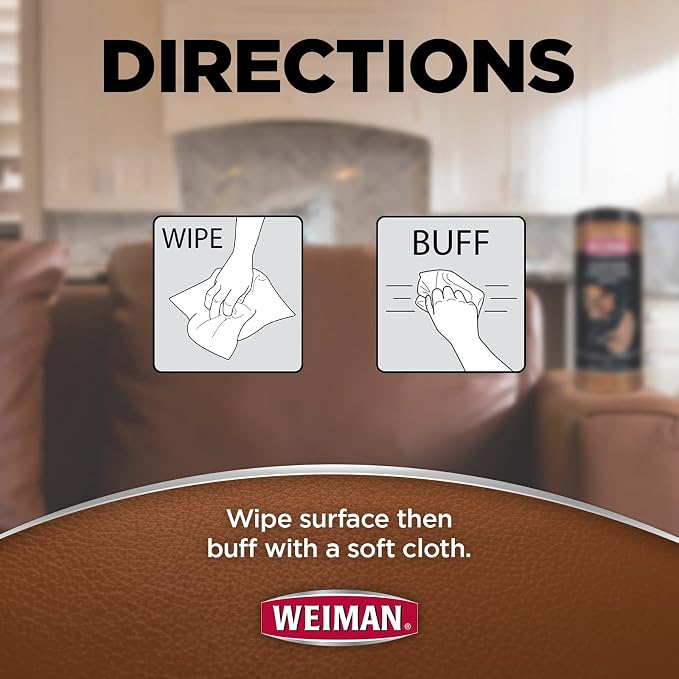 Weiman Leather Cleaner & Conditioner - Cleans, Restores & Protects Leather, UV Protection Prevent Cracking & Fading, For Car Seats, Sofas, Shoes, Bags & All Finished Leather Surfaces, 2 Pack, 60 Wipes