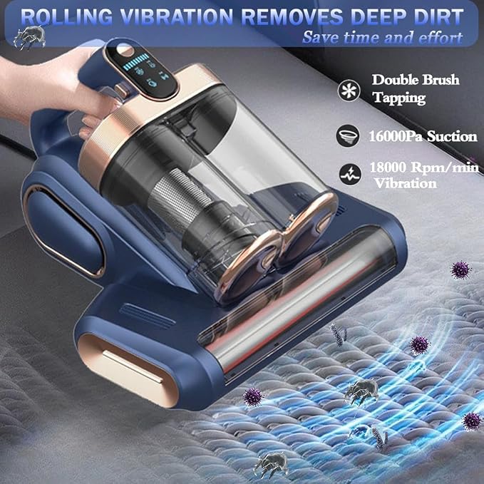 Mattress Vacuum Cleaner, 18Kpa Bed Vacuum Cleaner with 253.7nm UV-C Light & Heating & Ultrasonic Quintuple Tech & 80000 RPM/Min Brushroll Rotation, Widened Suction Port, 500W, Cordless (Blue)