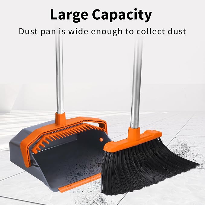 Broom and Dustpan Set for Home, 51" Long Handle Standing Pan Grey Orange | Self-Cleaning Dust Pan and Brooms, ZeroGap Lip, Upright Storage Broom Combo for Kitchen Lobby Office Restaurant Indoor