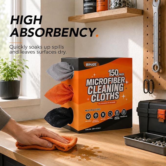 UNIMADE Microfiber Cleaning Cloth, 150 Pack Microfiber Towels for Cars | Reusable Paper Towels Lint Free Shop Rags with Box for Home Kitchen Automotive, 11"x 9", Grey & Orange & Black
