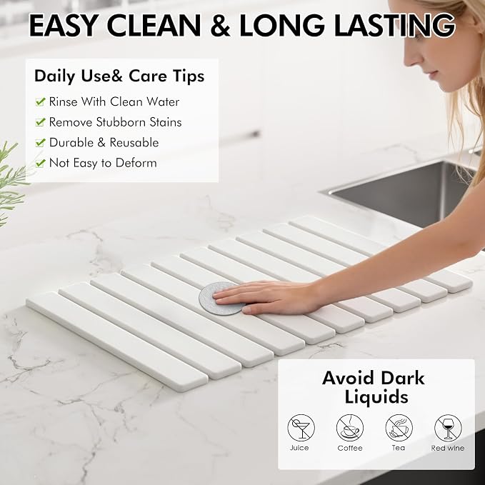 4 Pcs Stone Dish Drying Mat Set, 24''x16'' Large Super Absorbent Diatomaceous Earth Stone Drying Mat Faucet Mat with 2 Coasters, Collapsible Quick Dry Mat for Kitchen Counter Dishes