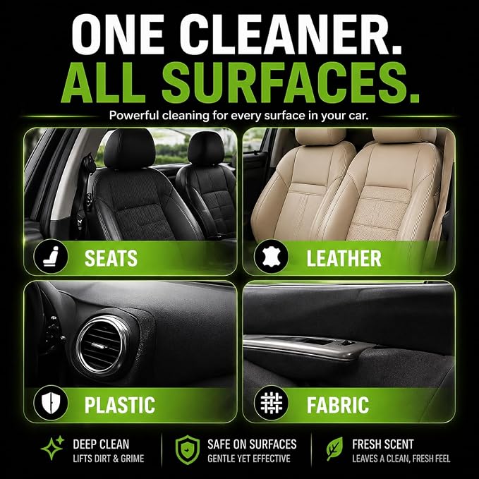 Car Interior Foam Cleaner with Soft Brush Cap – Multi-Purpose Deep Cleaning Foam Spray for Leather, Vinyl, Fabric, Plastic – Safe Non-Drip Formula, Fresh Scent, 22 oz