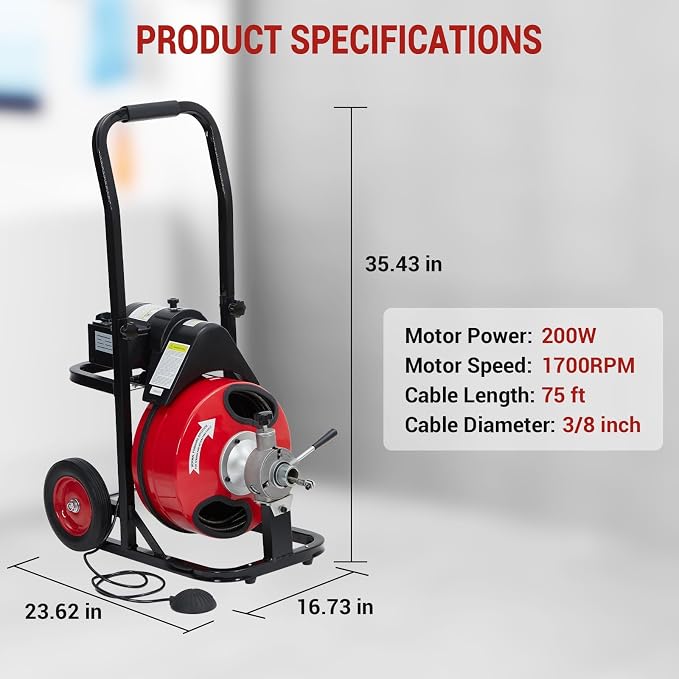 Auto Feed 75 FT x 3/8 in Drain Cleaner Machine with 200W Motor, Portable Sewer & Plumbing Snake Machine with Air-Activated Foot Switch & 8 Cutters, Drain Cleaner Auger for 1"–4" Pipes