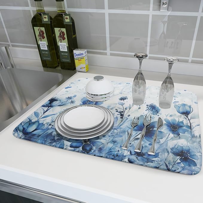 Giwawa Blue Floral Dish Drying Mat for Kitchen Counter Watercolor Leaves Dishes Drainer Rack Mat Absorbent Microfiber Dish Draining Pad 18x24 Inch